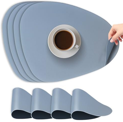 WearLegend Tischset Abwaschbar,Tränenförmig Leder Platzdeckchen Platzset Abwischbar und Wasserdicht Tischsets rutschfest Tischset Lederoptik (Blau, Oval-4er Set)