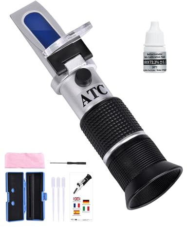 ZITFRI 3 in 1 Rifrattometro con ATC brix 58-92% Contenuto d'Acqua 12-27% baume be° 38-43° rifrattometro con Soluzione di taratura al 72,2% rifrattometro Manuale sciroppo melassa