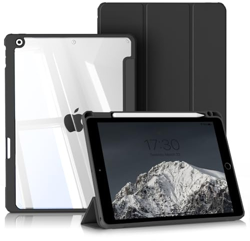 BQDIYOO Coque pour iPad 9e/8e/7e Générations 10.2 (2021/2020/2019), avec Support Pencil et Dos Rigide Transparent pour iPad 9/8/7 Fonction Réveil/Sommeil Automatique, Noir