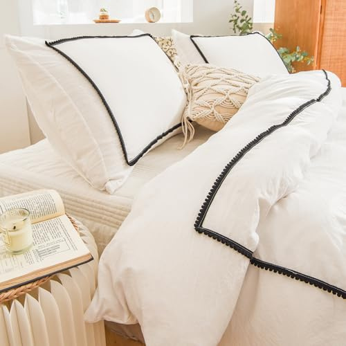 Herside Boho-Bettwäsche-Set für Einzelbett, schwarzes Kugel-Pom-Design, ultraweiche Mikrofaser, pflegeleicht, 2-teilig, Vintage-Stil, Landhaus-Stil, Bettbezug für Jungen und Mädchen, mit