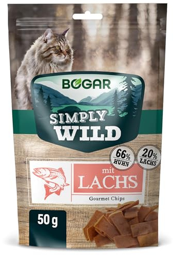 Bogar - Simply Wild - Friandises pour Chats - Nourriture pour Chats en Complément de l'Alimentation Habituelle - Chips Saveur Saumon Appétentes - en Forme de Petites Lamelles de Viande - 50 G