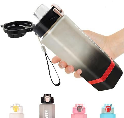 Sports Water Bottle 760ML (26OZ), Leak Proof & BPA Free Drinks Bottle, Reusable Water Bottles with Carrying Strap and Silicone Sleeve, Waterbottle for Gym Travel Picnic Camping Hiking (Black White)
