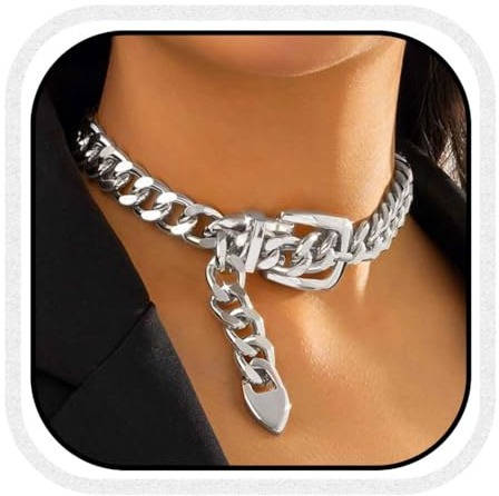 Zoestar Punk Choker Necklace Cuban Chunky Necklaces Belt Buckle Thick Necklace Chain for Women (Silver)