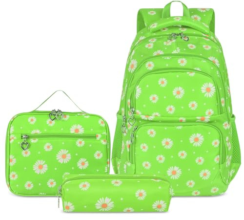 SIVENKE Skolryggsäck flickor tonåringar kvinnor skolväska ryggsäck set skolväskor för flickor skola fritid med lunchpaket väska och pennfodral, Röd-orange, Ryggsäck för barn