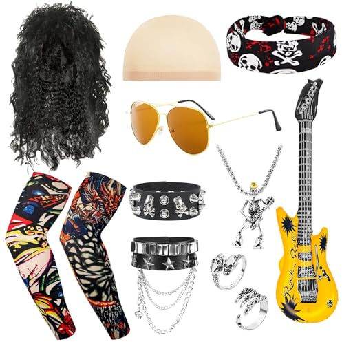 11Piezas Disfraz de Rockero Accesorios, Kit de Punk Gótico de Los 80 90 con Peluca Gafas de Sol Diadema Guitarra Inflable Pulseras Collares Anillos Mangas de Tatuaje para Hombre Mujer Carnaval Cosplay