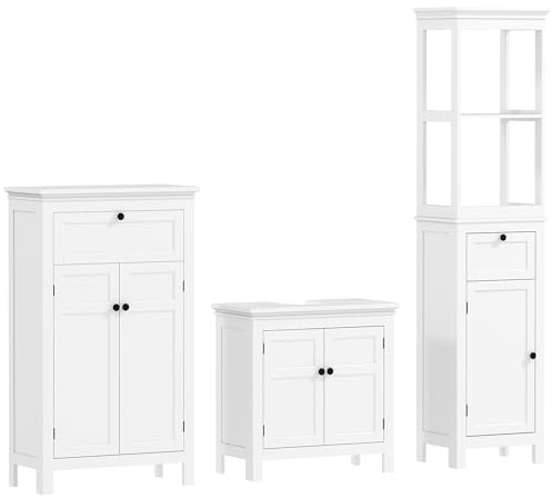 HOMCOM Conjunto de Baño Incluye 1 Armario Auxiliar 1 Columna de Baño 1 Mueble para Debajo del Lavabo con Estantes Ajustables Cierre Magnético Estilo Moderno Blanco