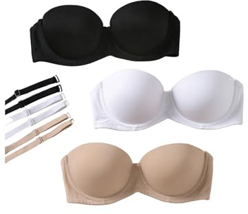 GORGLITTER Women's Strapless Underwire Seamless Bandeau Bras (Pace of 3) | High Support Bra with Strap, Push Up Strapless Bra, Padded Bra, Ladies Bra for Summer, Dress, Wedding