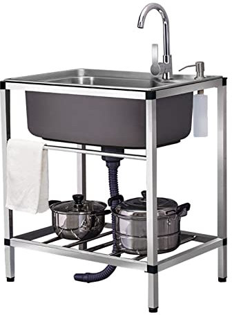 Lavello di Servizio in Acciaio Inox a Vasca Singola, Stazione lavamani Portatile per Cucina Commerciale con Rubinetto e scolapiatti, lavello da Campeggio per Esterni, per Lavanderia, Cortile