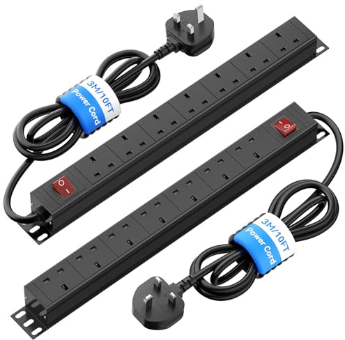 2 Pack 7-Way Rack Mount PDU Extension Lead, Surge Protected, 3 m Cable | 7 UK sockets, 2500W/10A, aluminium housing, wall or rack mount, 180° brackets, office and server rack