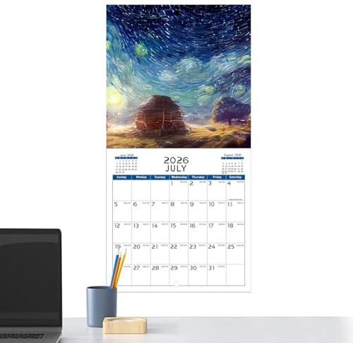 Väggkalender - månadsplanerare med sceniska illustrationer, planerare med roligt papper för familj, studenter, lärare, hem, sovsal, skola och kl