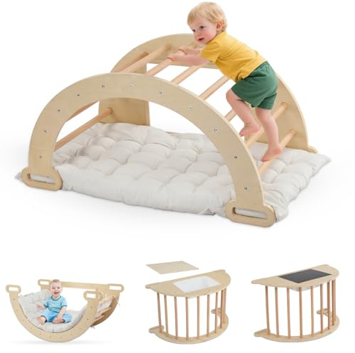 LEADZM 5-in-1 Kletterbogen für Kinder, Schaukelstuhl mit Kissen und Sensoriktisch, Montessori-Kletterspielzeug mit faltbarem Ablagebecken und Tafel, Motorik-Spielzentrum für Babys