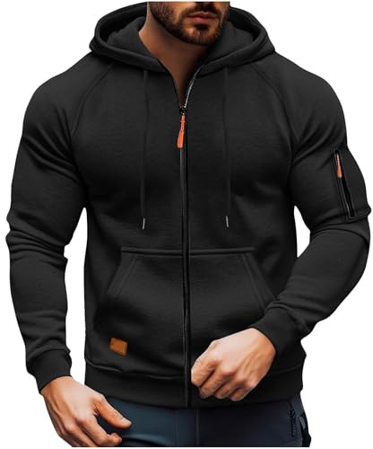 XCXC Herren Kapuzenjacke mit Reißverschluss und Brusttasche Männer Übergangsjacke mit Kordelzug Seitentaschen Langarm Strickjacke für Herbst Winter Alltag Freizeit