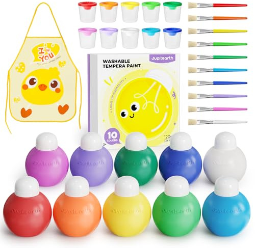JUPITEARTH 10 Colors Washable Tempera Paint Set, 4.06oz(120ml) Non Toxic Finger Paints for Toddlers and Kids, Included Brush, Cups, Art Smock