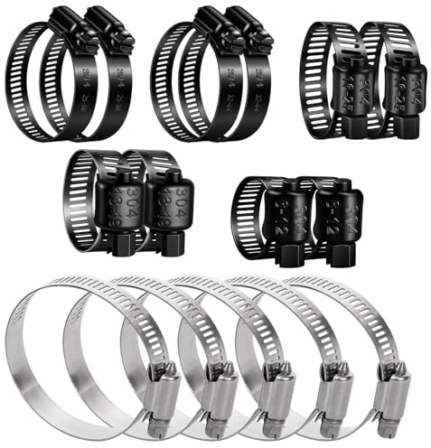 15 Stück Schlauchschellen Edelstahl Set, 5 Größen Schwarz Schlauchklemmen 6-63mm, 5 weiße in 40-63 mm Größe, Hochwertige Rostfreie Schlauchschellen für Auto, Haushalt, Industrie und Garten