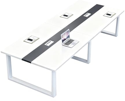 Grande table de conférence avec passe-câbles, table de réunion rectangulaire avec plateau en bois et structure en métal, idéale pour les salles de conseil, les séminaires et les espaces de formation