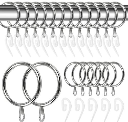 Nureeca Metal Curtain Rings and Hooks Set of 50 Pcs, 32mm Inner Diameter Silver Curtain Rings with Plastic Hooks, Rustproof Glossy Finish for Shower/Window/Drapes, Rods Up to 30mm