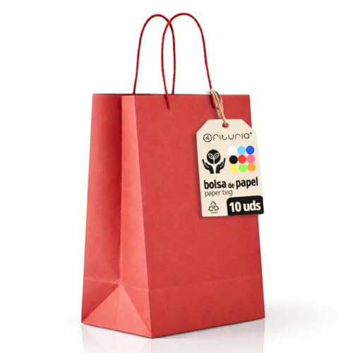 Rote Papier Taschen L mit Griffen – 10 Stück, Robuste und Recycelbare Taschen für Geschenke und Handel – OFITURIA (32x11x42 cm, Rot)