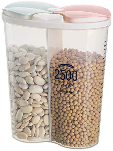 JMAHM Cereal Dispensers Tubs Food Storage Containers Pasta Airtight Clear Plastic with Multiple Spaces Calibration Keep Food Fresh Dry (2500ml / 2 Grid, Mix Colors)