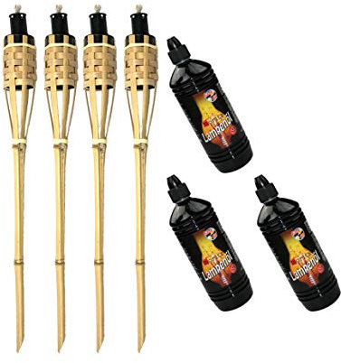 Moritz 4X Bambusfackeln Fackel Deluxe 90 cm Standard Natur + 3X 1000ml Lampenöl Gartenfackel Ölfackeln Garten Deko Öllampe Wegleuchte