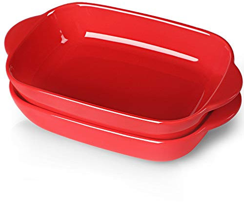 LEETOYI Ceramic Small Baking Dish, Porcelain 2-Piece Rectangular Bakeware with Double Handle, Baking Pans for Cooking and Cake Dinner 7.5×5 (Red)