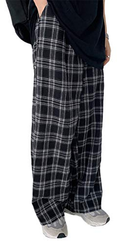 ORANDESIGNE Pantalon Large Femme à Carreaux Noir Blanc Taille Haute Ample Tout Droit Pantalon Décontracté A Noir S