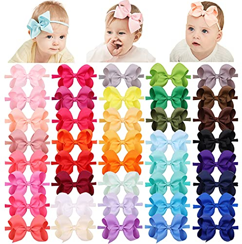 jollybows 40pcs 4inches Baby Girls Grosgrain Ribbon Hair Bows Headbands Nylon Elastic Hair Band Hair Accessories for Infants Newborn
