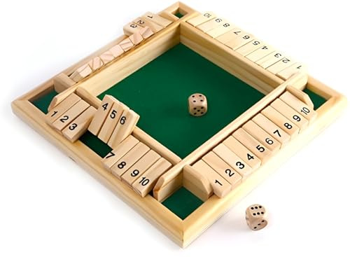 KAV Shut The Box Jeu de société en bois pour 2 à 4 joueurs avec 10 dés à faces chiffres, solitaire traditionnel parfait et jeu de puzzle pour enfants et adultes