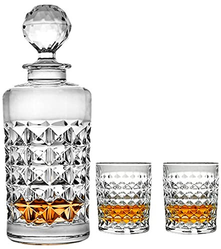 Decantador Juego De Vino Diamond Series,Decantador De Textura De Celosía,Vaso De Whisky De Cristal,Decoración del Hogar con Estilo Moderno,Alta Capacidad (Color : Clear, Size : Bottle+2 Cups)