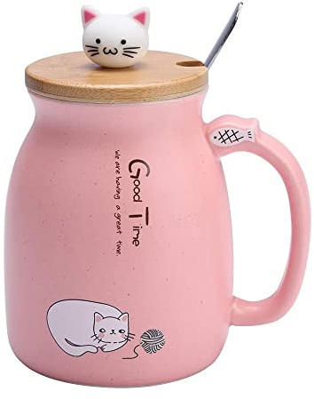 HwaGui Katzen-Tasse Milch Becher Teetasse Sets mit Löffel und Deckel Geschenk für Katzenliebhaber 420ml (Rosa)
