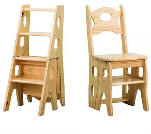 LHYZF Wooden 4 Step Ladder Chair, Conversion Foldable Library Step Ladder Chair Flower Rack Step Ladder Rack - Natural Wood Color