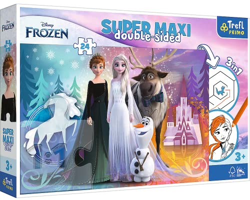 Trefl Primo - Disney Frozen, die Lustige Welt des EIS - 3in1: Puzzle 24 Großteile, Malen, Spiel mit Farbkomponenten Bunte Puzzle mit Bohaters Märchen, Spielspaß für Kinder ab 3 Jahren