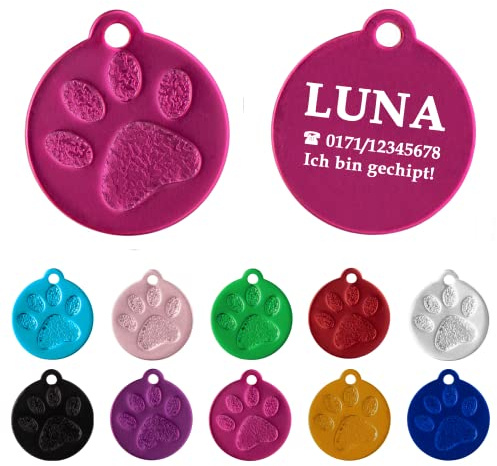 Ibera gifts - Hundemarke mit Gravur und personalisierte Hundemarke rund mit Pfote für kleine bis mittelgroße Hunde und Katzen (S-M, Pink)
