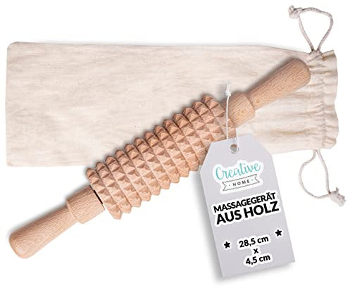 Creative Home Massageroller Holz mit Griff | 28,5 x 4,5 cm | Massagegerät für Lymphdrainage Maderotherapie Körperstraffung Anti-Cellulite | Massage Roller für Massieren Oberschenkel Gesäßes Arme Füße