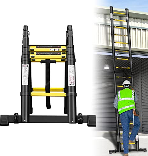 YARDIN Klappbar Teleskopleiter 3,8m(1.9m+1.9m), Aluminium Leiter Ausziehbar, Rutschfester Klappleiter Stehleiter Multifunktionsleiter 150 kg Belastbarkeit, Schwarz Gelb
