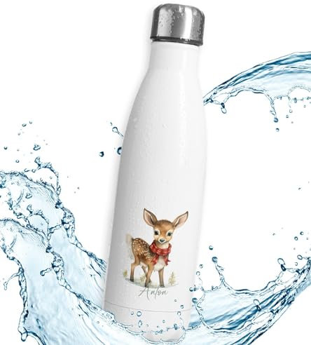 timalo® Thermosflasche Weihnachten personalisiert mit Namen auslaufsichere Edelstahl Trinkflasche Geschenk Wasserflasche für Männer Frauen Kinder Mädchen Jungen 350mL | Reh-1