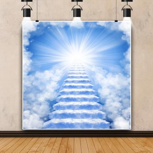 DORCEV Himmel-Hintergrund, Motiv: Treppe zum Himmel, Paradies, Gott Segen, Themen-Hintergrund, Dekoration, Heiliger hellblauer Himmel, Wolken, Kirche, Ereignisse, Erinnerungshintergrund – Ruhe in