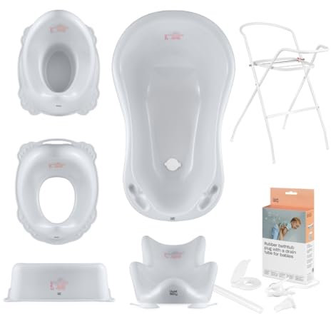Hylat Baby Komplett-Set: Stabile Babybadewanne mit Gestell, Badesitz und Abfluss, Kinder-Toilettensitz, Babytopf, Kinderschemel - Friends Grau - TÜV Rheinland zertifiziert - Lite-Kollektion
