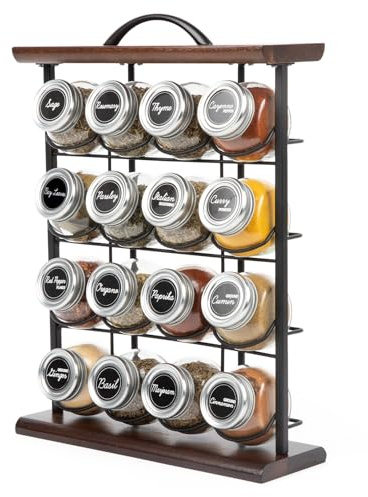 Orii Gewürzregal aus Akazienholz & Metalldraht, 16 Gläser mit Gewürzen, Aufbewahrung für Gewürze und Gewürze, kostenlose Gewürz-Nachfüllung für 5 Jahre, Schwarz & Braun, 8108541604
