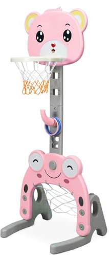 Maxmass Basketball Hoop Set, 3 in 1 Sports Activity Center with Basketball & Soccer Ball, Height Adjustable Basketball Stand for Kids (Pink)