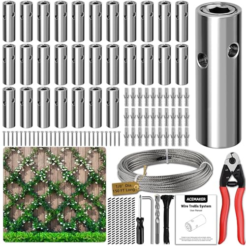 Acemaker Drahtspalier für Kletterpflanzen im Freien, 30 Set Wanddraht, Rankhilfe Kit mit 0,3 cm x 45,7 m Edelstahlkabel & Schneider, T316 zylindrisches Spaliersystem für Zaun und Garten DIY-Projekte