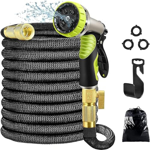 Flexibler Gartenschlauch 30M 100FT Wassersprühpistole, Flexischlauch aus vierlagig Latex mit 9 Funktionen Düse, 1/2 und 3/4 Zoll Messing Adapter, Dehnbar Schlauch Wasserschlauch flexibel für Garten