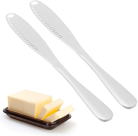 Ulsam Butter Knife Spreader, 3 In 1 Stainless Steel Butter Knife Spreader with Curler & Serrated Edges, Easy to Hold, Cheese Knife Set Kitchen Gadgets for Butter Cheese Jams Jell, Pack of 2