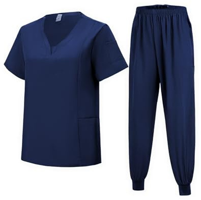 Meichoon Medical Uniform Set Short-sleeved Top with Pockets Tapered Pants Lightly Elastic and Naturally Soft for Men and Women DK06 Navy XX-Large