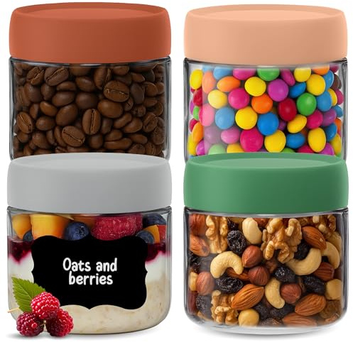 HEFTMAN Overnight Oats Jars with Lids - 4 Pack, 300ml | Overnight Oats Jar with Airtight, Colourful Screw Lids Food-Safe Glass Breakfast Pots with Lids for Yogurt, Chia Pudding