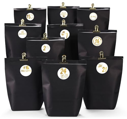 KOHMUI Adventskalender zum Befüllen, 24 Weihnachtskalender Papiertüten zum Selber Basteln, Geschenktüten zum Selbstbefüllen, Elegantem Schwarzen