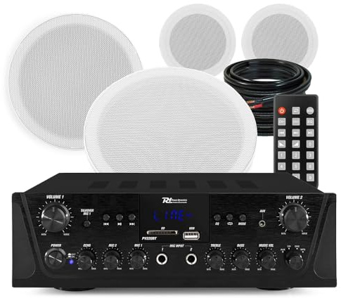 Power Dynamics Marine Ceiling Speakers System with PV220BT Amplifier, 2-Zone 6.5-Inch Weatherproof Outdoor Bluetooth Speaker Set, FM Radio, USB/SD MP3 Player for Boats and Patios