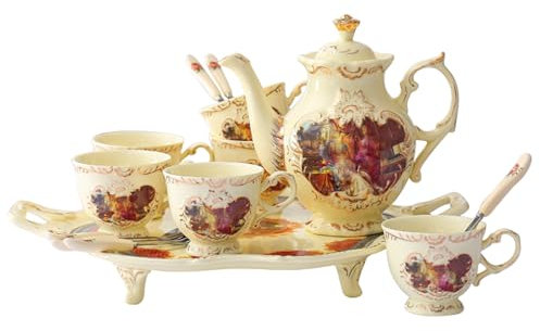 QUSYZD Set da tè Europeo da 14 Pezzi con cucchiai da Vassoio in Ceramica, Tazza da caffè con Bordo in Foglie d'oro, Regalo per Il Servizio da tè e Decorazione del Soggiorno, Reg,