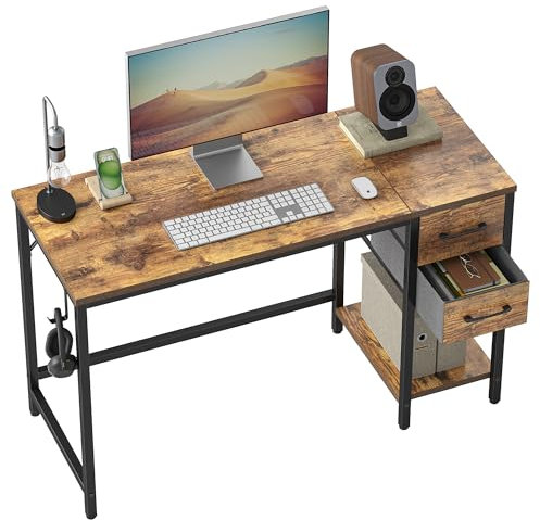 CubiCubi Schreibtisch mit 2 Schubladen und Kopfhörerhaken, 120×50×75cm Kleiner Computertisch, Bürotisch, für Arbeitszimmer, Schlafzimmer, Metallgestell, Vintagebraun