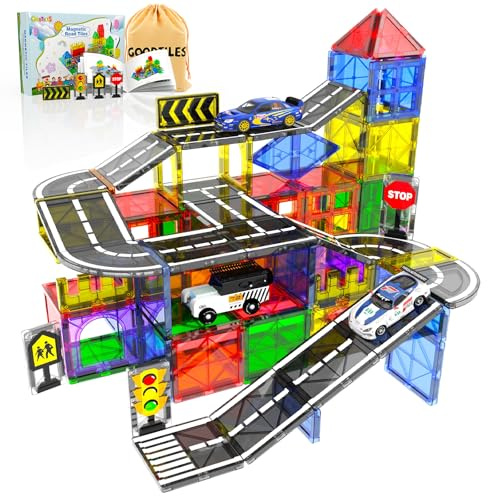 Magnetische Bausteine, Magnetic Tiles Blocks, 38 Teile Magnetbausteine Straße, Magnete Kinder Bausteine, Magnetspiel Montessori Spielzeug ab 3 Jahre Mädchen, Geschenk Junge 3 4 5 6 7 8 9 Jahre