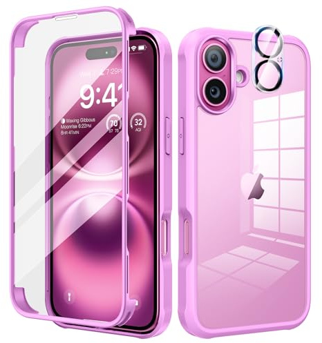 seacosmo für iPhone 16 Hülle mit eingebautem Panzerglas Displayschutz und Kamera Schutzfolie [9H HD], 360 Grad Handyhülle Ganzkörper Stoßfeste iPhone 16 schutzhülle - Rosa